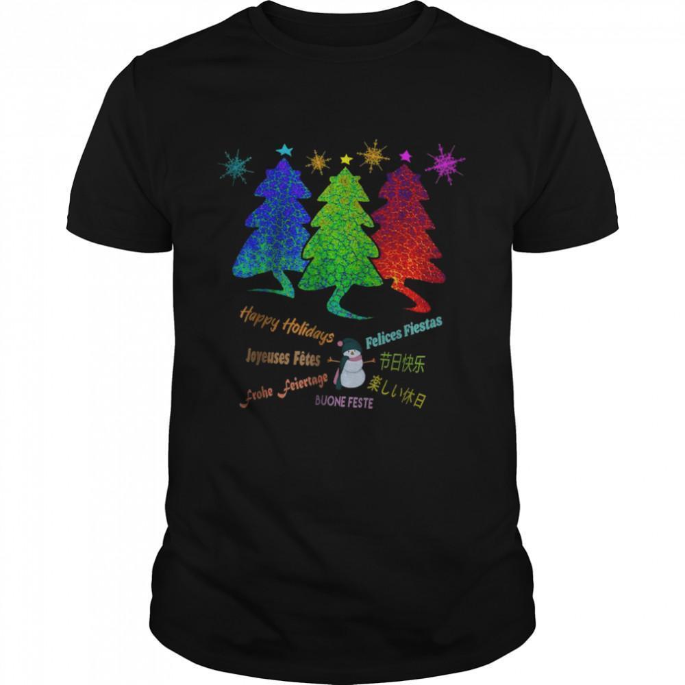 Happy Holidays Christmas Trees Funny Pets Multiple Languages T-Shirt